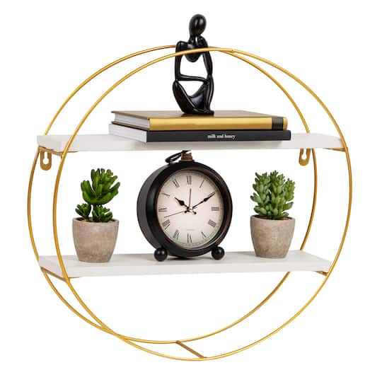 Mind Reader Floating Round Wall Shelves, Gold Metal Frame with Dual White Display Shelves, White